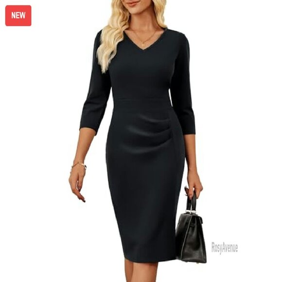 Professional Bodycon Dress 3/4 Sleeve V Neck Pencil Midi Office Wear - Picture 2 of 8